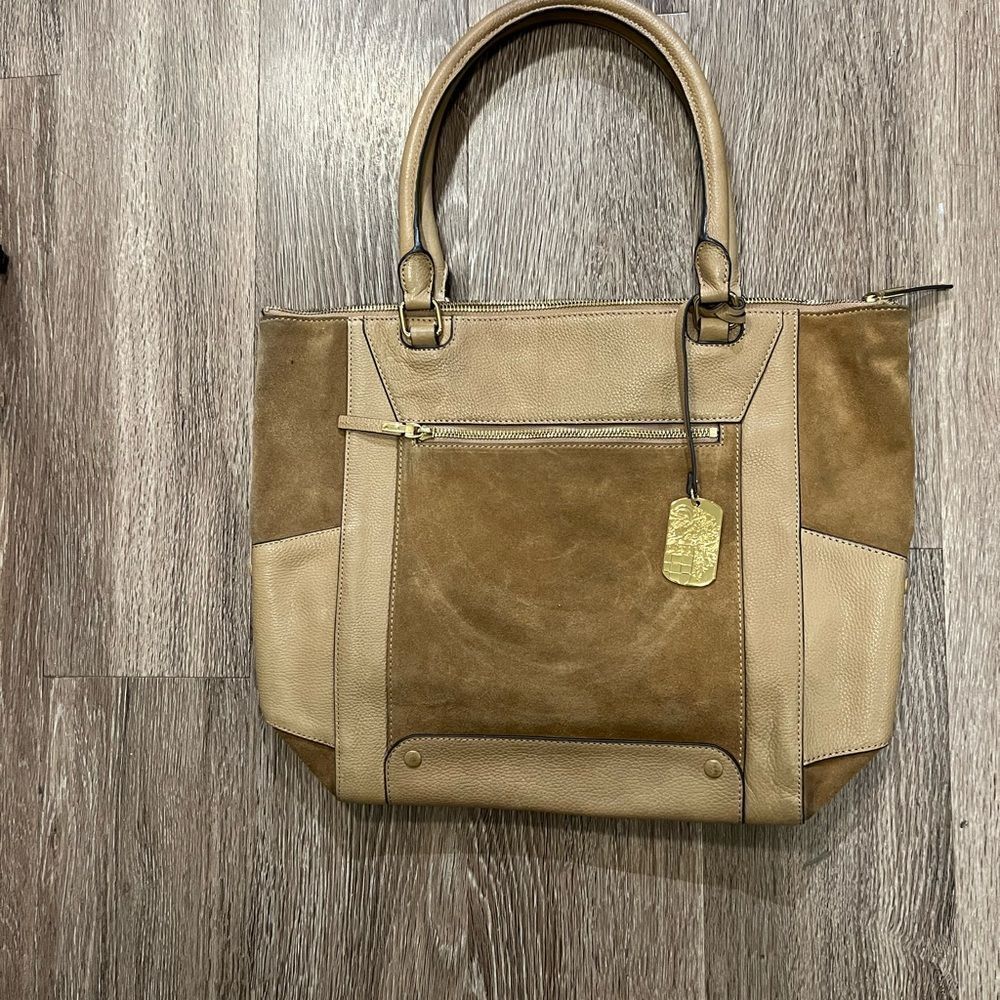 - Vince camuto medium size bag. Tan suede and leather gold hardware.